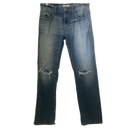 BKE Jeans Mens 33x34XL Jake Blue Denim Distressed Knee Patches Thick Stitch - Picture 1 of 11
